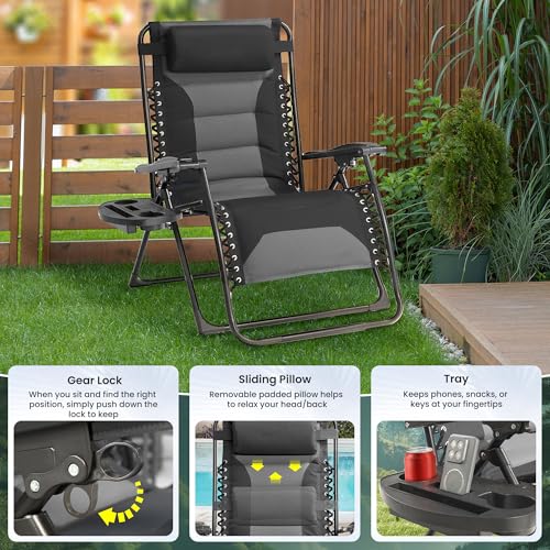 Zero Gravity Chair Oversized Padded Recliner with Adjustable Headrest & Cup Holder - XL 600D Oxford Folding Lounge Chair for Outdoor Camping, Patio, Poolside (Upgraded Black & Gray) - color: Upgraded Black & Gray, size: 1 PCS