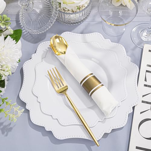 COLOSUS 350pcs White Plastic Plates Disposable Gold Cutlery Dinnerware set for party: 50 Dinner Plate, 50 Dessert Plate, 50 Per Rolled Napkins with Gold Silverware, 50 Cups 9 OZ for New Year - color: White
