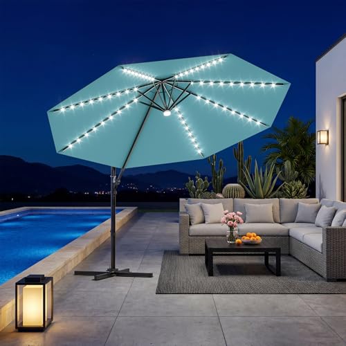 Patiowell 10 FT Patio Umbrella with Solar LED Light, Outdoor Cantilever Umbrella with 360 Degree Rotation, Outside Large Round Sun Umbrella with Frame for Backyard Garden Poolside, Sky Blue - color: Sky Blue with Light, size: 10 FT