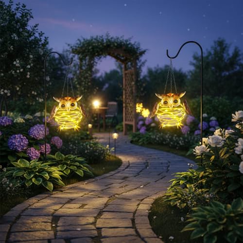 2 Pack Owl Solar Lights Outdoor Hanging Lantern with Handle, Solar Powered Owl Garden Decor for Outside Patio Yard Porch Pathway Owl Gifts for Women (Warm White LED Lights) - color: Brown-Owl