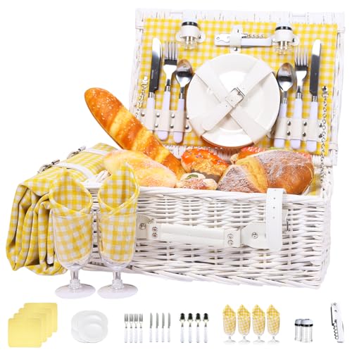Neti Neti Wicker Picnic Basket for 4 with Insulated Cooler & Waterproof Blanket – Large Willow Picnic Hamper for Outdoor, Camping, Beach, Romantic Dates, Valentine’s Day - color: Yellow Plaid