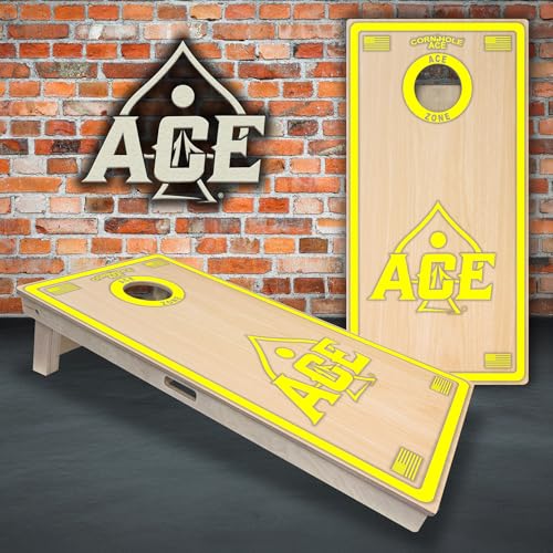 CornholeAce ACE PRO Professional Cornhole Boards - No Bounce! Triple Wide Legs, 3/4" Baltic Birch Plywood, Handles, Regulation Size (4x2ft), Tournament Style, Made in USA - color: Yellow