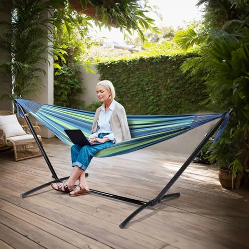 ONCLOUD 550 LBS Capacity Double Hammock with Stand Included with Portable Carrying Bag, Heavy Duty 2-Person Hammock for Outdoors & Indoors - Desert Stripe, Series TDCTZ1 - Blue Green Stripe