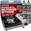 Chef Master 15,000 BTU Butane Portable Camp Stove + 4x 8oz Butane Canisters | Double Wind-Guard Portable Stove Burner w/Piezo Ignition for Emergencies, Tailgating, Hiking & Camping Essentials - 90019 - size: Stove&Fuel