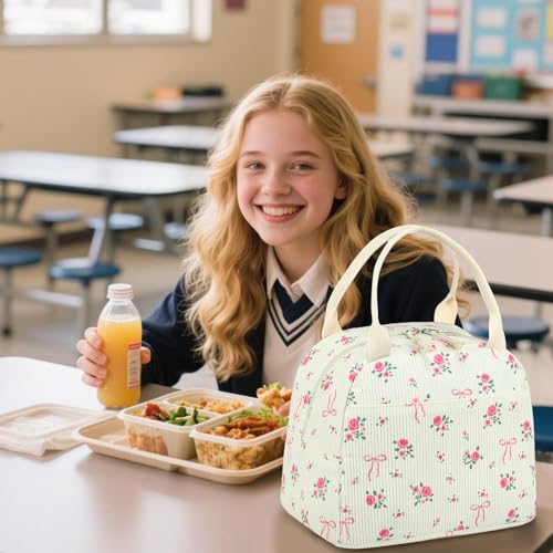 LEDAOU Lunch Box for Women Insulated Lunch Bag Corduroy Lunch Tote Bags Leakproof Cooler Lunch Case for Travel Work Picnic (Bow Floral) - color: Bow Floral
