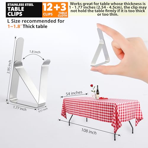 12 Pack Tablecloth Clips with 3 Tablecloths - Stainless Steel, Heavy Duty Table Clips for Home, Restaurants, Picnic, Party, Dining Tables - Fits Up to 1.8 Inch Thick Tables - color: 12 Pack With 3 Tablecloths