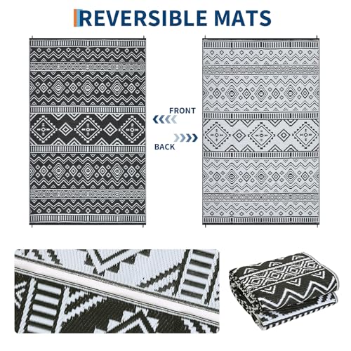 Boho 10x14 Waterproof Outdoor Rug, Reversible Plastic Straw Mat, Tribal Geometric Washable RV Camping Carpet, Foldable UV Resistant Deck Rug for Picnic Backyard Balcony Porch Patio, Black - color: Black/White, size: 10' x 14' (Rectangular)