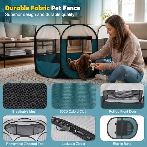 Portable Pet Playpen for Cat Dog - Foldable Medium Pet Play Pen with Removable Zipper Top for Cat Small Dog Enclosed - Pop Up Puppy Kitten Kennel with Carrying Case for Indoor Outdoor Travel Camping - style: M [35.8" × 35.8" × 22.8"]