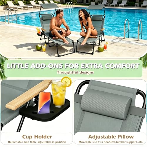 Folding Lounge Chair with Canopy, Tanning Chair with 4-Position Reclining Back, Folding Sun Lounger, Outdoor Lounge Chair for Beach, Poolside, Backyard, Camping, UPF 50+ Sun Shade, 300 LBS - color: Grey With Sunshade