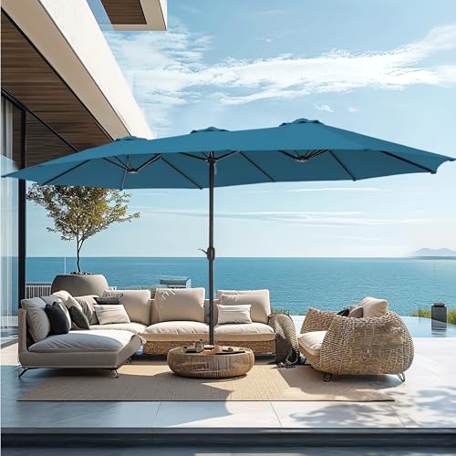 PHI VILLA 15ft Large Patio Umbrellas with Base Included, Outdoor Double-Sided Rectangle Market Umbrella with Crank Handle, for Poolside Lawn Garden, Cyan - color: Cyan