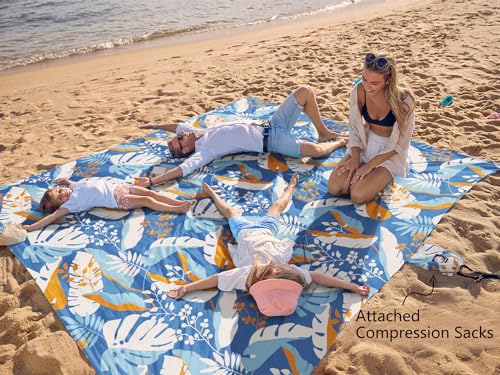 WEKAPO Beach Blanket Waterproof Sandproof Oversized, Extra Large Beach Mat Sand Free, Lightweight & Compact Sand Free Mat with 5 Stakes & 4 Corner Pockets - color: Sea Leaves, size: 9 x 8 FT (1～6 person)