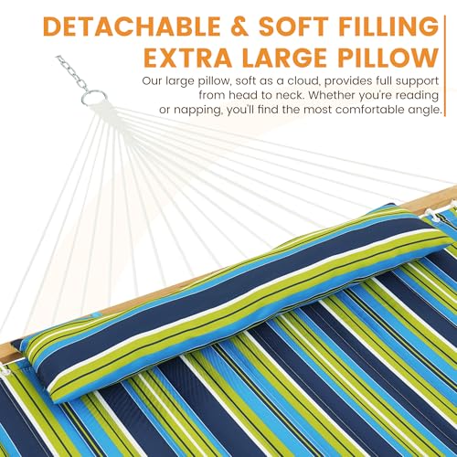 Lazy Daze Hammocks 12 FT Quilted Fabric Double Hammock with Spreader Bars and Detachable Pillow, 450lbs Weight Capacity, Blue Green Stripes - color: Blue Green Stripes