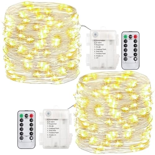 GDEALER 2 Pack Fairy Lights 20 Ft 60 Led Battery Operated Twinkle Lights with Remote Waterproof Silver Wire Twinkle Light 8 Modes Fairy String Light for Party Bedroom Decorations- Warm White - color: Warm White- Silver Wire