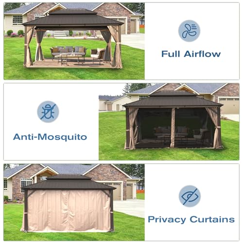 Domi 12' x 16' Hardtop Gazebo Permanent Metal Gazebo with Galvanized Steel Double Roof, Curtains and Netting for Party, Wedding, Outdoor Dining, Patio, Backyard, Brown - color: Brown, size: 12'×16' Double Roof