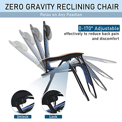 PHI VILLA XXL Oversized Padded Zero Gravity Chair Set of 2, Foldable Patio Recliner, 30" Wide Seat Anti Gravity Lounger with Armrest and Cup Holder, Support 400 LBS (Thumb Blue) - color: Blue, style: 2 Pcs