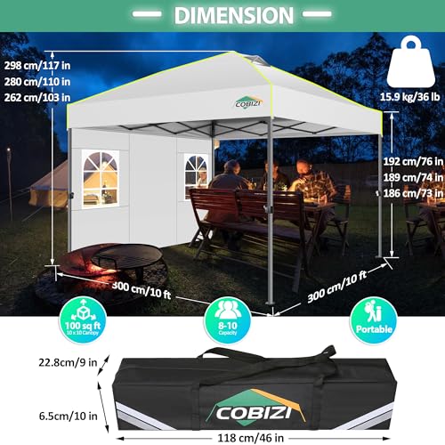 COBIZI 10x10 Pop up Canopy Tent with Sidewalls, One Push Setup, Waterproof & UV 50+ Outdoor Commercial Event Gazebo with Air Vent, Reflective Strip, 4 Sandbags Tents for Parties/Backyard/Camping,White - color: White(1-year warranty), size: 10x10