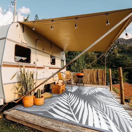 GENIMO Outdoor Rug 10' x 10' Waterproof for Patios Clearance, Reversible Outdoor Plastic Straw Camping Rug Carpet, Large Area Rugs Mats for RV, Camper, Deck, Balcony, Porch, Beach, Picnic, Grey&White - color: Grey & White | Waterproof, size: 10' x 10' (Re