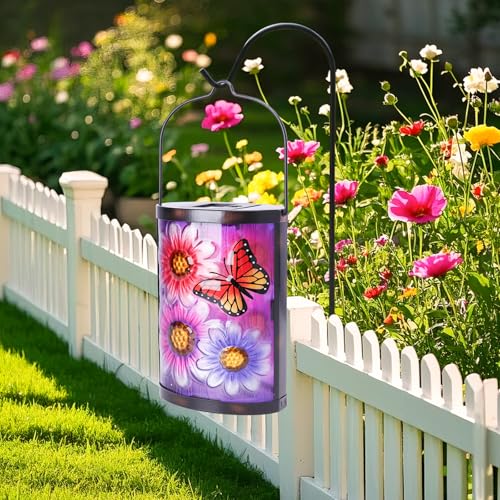 Hanging Solar Lantern Outdoor Waterproof Flowers Butterfly Solar Lights Glass Tabletop Decorative Lamp for Outdoor Patio Garden Outside Yard Decor - style: Flower and Butterfly