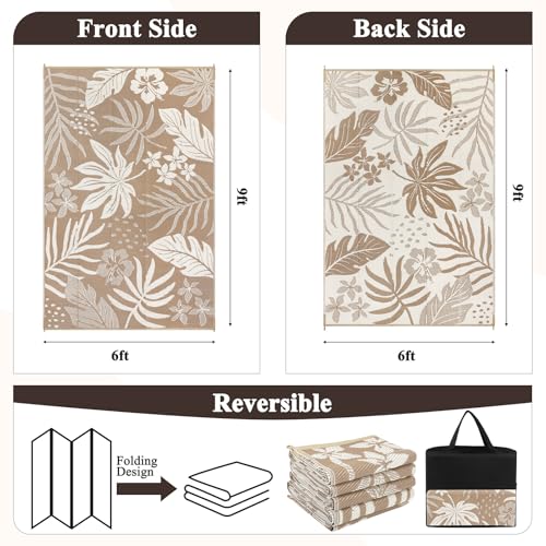 Pauwer Waterproof Outdoor Rug 6x9, Reversible Plastic Straw Patio Camping Rug, Indoor Outdoor RV Mat Carpet for Deck, Camper, Porch, Balcony, Backyard, Picnic, Floral Brown - color: Floral Brown, size: 6' x 9' (Rectangular)