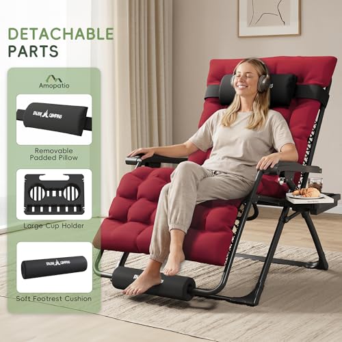 Amopatio Oversized Padded Zero Gravity Chair, XL 29In Reclining Camping Lounge Chair w/Removable Cushion&Headrest, Upgraded Lock and Footrest, Folding Patio Recliner for Indoor Outdoor, Red - color: Red XL, size: 29in