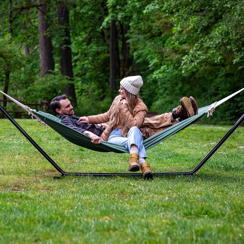 SUNCREAT Hammocks Extra Large Double Hammock with 12 ft Stand, 475lbs Capacity, Outdoor Portable Hammock with Hardwood Spreader Bar, Extra Large Pillow, Gray Green - color: Gray Green, size: 12 ft Stand