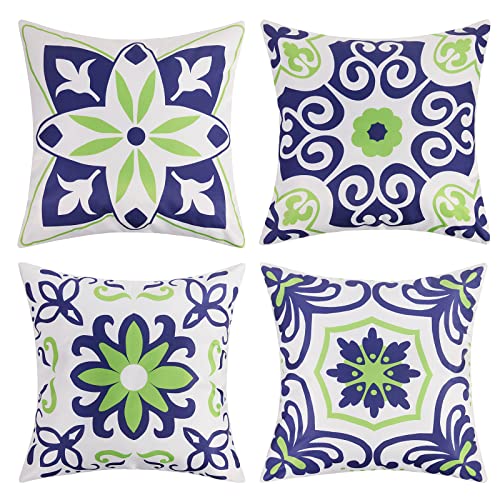 Pyonic Set of 4 Outdoor Pillow Covers 18x18 Waterproof Decorative Throw Pillow Covers Floral Printed Farmhouse Boho Pillowcase for Patio Funiture Garden Navy Blue - color: Navy Blue, size: 18" x 18" (Pack of 4)
