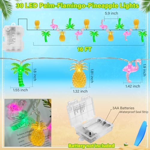 Olixmlya 30 LED [ 8 Modes & Timer ] 16Ft Summer Tropical Beach Hawaiian String Lights Tropical Flamingo Pineapple Palm Tree Fairy Lights Battery Operated for Party Beach Pool Summer Decor