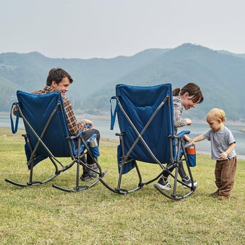 EVER ADVANCED Oversized Folding Rocking Camping Chair, Padded Portable Rocker Chair for Patio, Lawn and Outdoors, Heavy Duty Hard Armchair for Adults Supports 400lbs, Blue - color: Blue, style: Classic