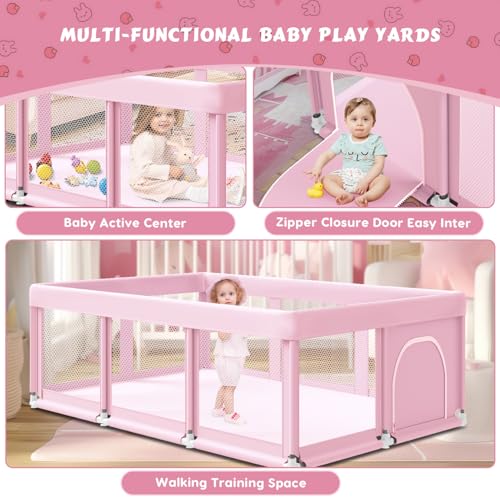 Fshibila 74" ×50" Large Baby Playpen, Baby Playard for Babies and Toddlers, Play Pens for Indoor & Outdoor, Sturdy Safety Play Yard with Soft Breathable Mesh, Anti-Fall, Pink - color: Pink, size: 74 x 50 IN