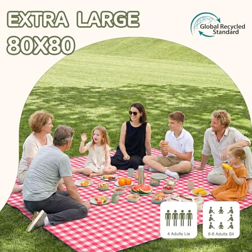 Genovega Waterproof Picnic Blanket Beach Outdoor Camping Mat Rug Extra Large Foldable Cute Big Travel Essential Accessories Gift Park Patio Lawn Garden Grass Mother day Gift Must Have Checkered - color: Checkered Red, size: 6'8" x 6'8" (Square)