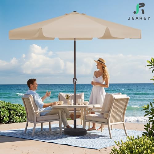JEAREY 9 FT Patio Umbrella Outdoor, Table Umbrellas Market Umbrella w/Push Button Tilt/Crank, 8 Sturdy Ribs(Beige) - color: Beige