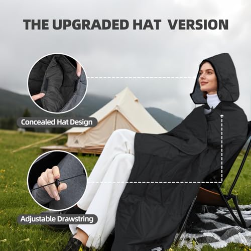Large Outdoor Waterproof Blanket Extra Thick Fleece Stadium Blanket for Camping, Car, Pet, Picnics - Windproof, Wearable, Machine Washable 80" x 58" (Black Gray,Hooded) - color: Hooded-black Gray