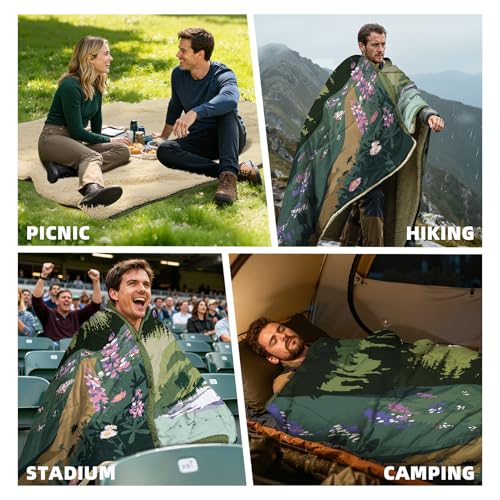 Outdoor Camping Blanket with Sherpa Lining, Extra Warm Thick Camp Blankets and Puffy Ultralight Soft Poncho DWR Camping Quilt for Cold Weather, Adventure, Sleeping, Backpacking 78"x 56" - color: Aden Green, size: 78 x 56 inches