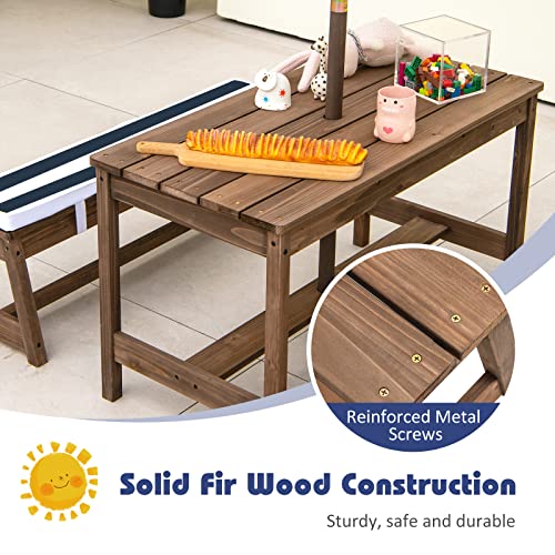KOTEK Kids Picnic Table with Umbrella Foldable, Backyard Wooden Table & Bench Set w/Removable Cushions, Activity Art Play Table, Indoor Outdoor Toddler Picnic Table for Patio, Lawn & Garden (Blue) - color: Blue