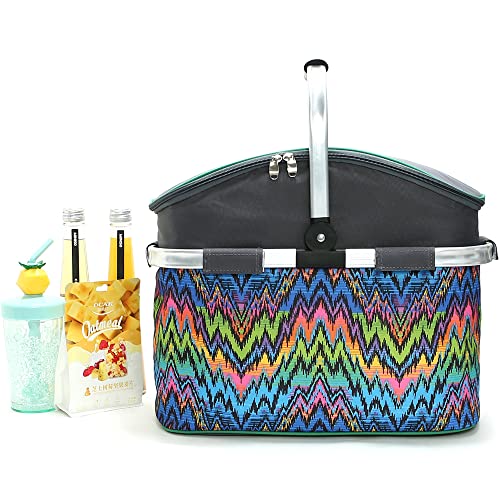 Insulated Picnic Basket 26L Portable Collapsible Market Leakproof Tote with Aluminum Handle for Camping, Shopping, Travel, Large Size (Wave) - color: Wave