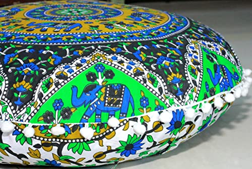 CRAFT KALA 22" Round Mandala Boho Pillow Cover Meditation Room Seating Poufs Cover for Living Room Yoga Room Home Bedroom Balcony Garden Party Decoration Cotton Floor Cushion Cover 22", Blue Elephant - color: Blue Elephant, size: 22"