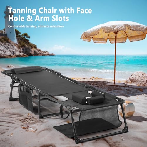 Unovivy Tanning Chairs with Face Hole Set of 2, Teslin Folding Outdoor Lounge Chair with 5-Position Reclining Back for Sunbathing, Pool, Patio, Camping - color: Black
