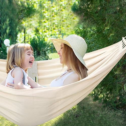 Chihee Cotton Hammock Holds Up to 660lbs Fabric Hammock 8.9x4.9ft Soft Portable Tree Hammocks Camping with Detachable Spreader Bar Pillow 2 Strong Webbings 2 Carabiners Indoor Outdoor Backyard Garden - color: Natural White, size: 270x150cm