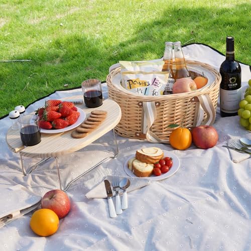 Picnic Basket Set for 2 - Wicker Insulated Picnic Basket with Waterproof Blanket, Folding Wine Picnic Table & Cutlery Kits, Picnic Baskets Kit for Camping, Outdoor, Valentine (White Flower) - color: Whiteflower, size: 2-person Set