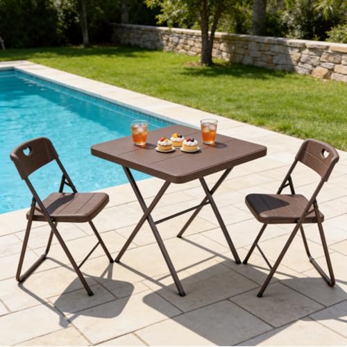 Folding Table, 27 Inch Square Foldable Card Table No Assembly, Portable Coffee Table with Heavy Duty Steel Frame Supports to 400lbs, Ideal for Small Spaces, Picnic, Camping, RV Travel, Parties, Brown - color: Brown, size: 27in
