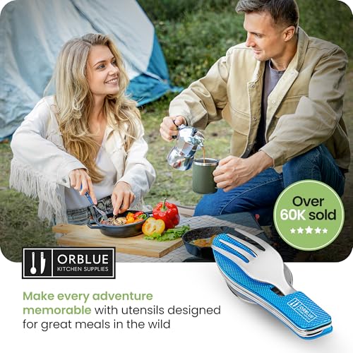 Orblue 4-in-1 Camping Utensils, 1-Pack, Portable Stainless Steel Spoon, Fork, Knife & Bottle Opener Combo Set - Travel, Backpacking Cutlery Multitool, Blue - color: 1-PACK Ultramarine Blue