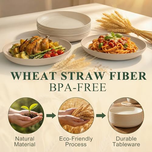 Kitchen Plates Set for 8, Wheat Straw Plate 9 Inch, Unbreakable Party Plates for Salad, Fruit, Bread, Microwave and Dishwasher Safe Round Plate for School, Camping, Kitchen - Beige - color: Beige, size: 9 inch