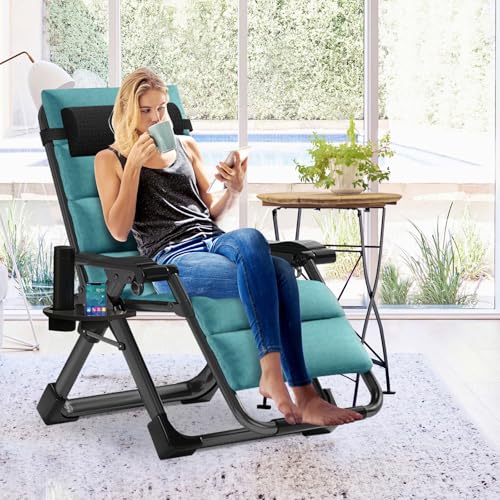 Slsy Zero Gravity Chair, Reclining Lounge Chair with Removable Cushion & Tray for Indoor and Outdoor, Patio Recliner Folding Reclining Chair - color: Linen Persian Green, style: Zero Gravity Chair