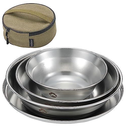 CAMPINGMOON Camping Tableware Set Stainless Steel Camping Plates Bowl Stackable Outdoor Dinnerware Canvas Carry Case Camping Hiking Picnic - color: Silver