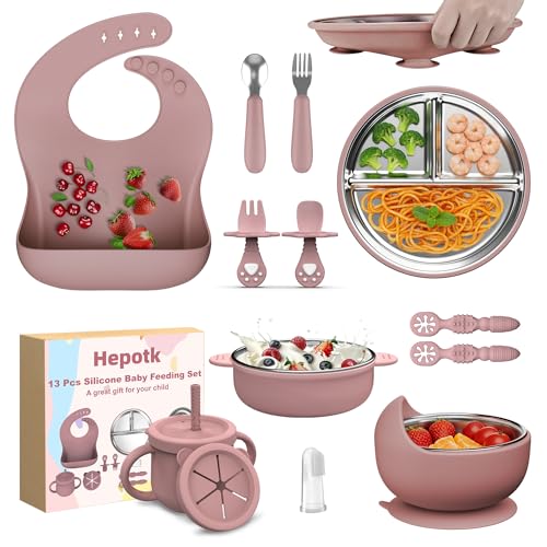 13 Pack Silicone Baby Feeding Set, BPA-Free Stainless Steel Toddler Feeding Supplies, Include Suction Plates, Baby Bowls, Silicone Fork & Spoon, and More, First Stage Baby Dish Set - 6+ Months - color: Pink