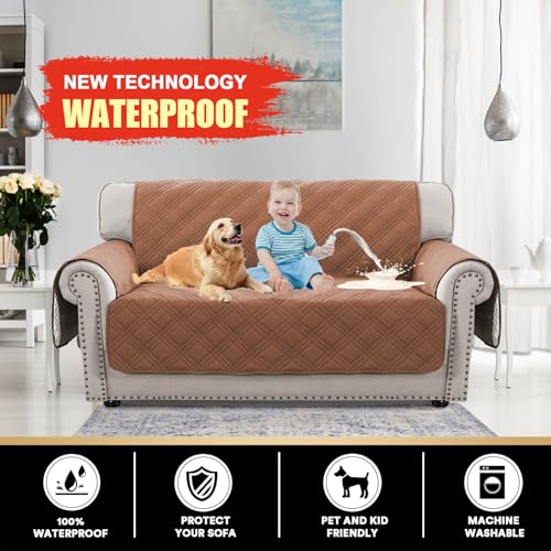 PrinceDeco 100% Waterproof Loveseat Covers for 2 Cushion Couch Sofa Covers Waterproof and Washable Sofa Slipcover with Side Pocket Furniture Protector with Elastic Straps(Loveseat 48", Terracotta) - color: Terracotta, size: Loveseat