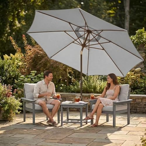 Kingdura 9FT Outdoor Patio Umbrella, Market Table Umbrella with Push Button Tilt and Crank, 8 Sturdy Fiberglass Ribs, UV Protection for Pool, Lawn, Deck, Backyard, Garden (Light grey) - color: Light grey, size: 9 Ft