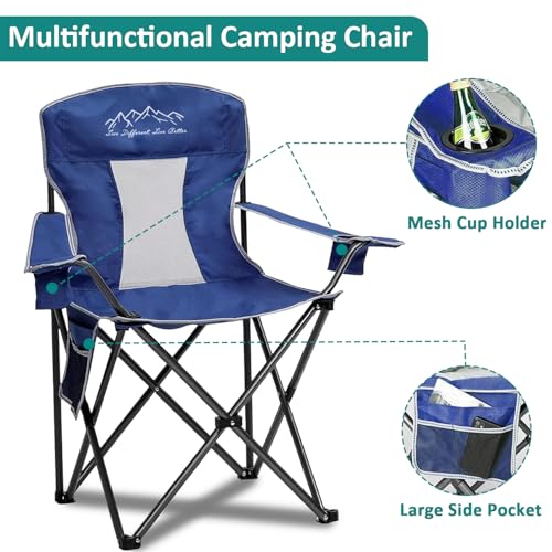 Outdoor Folding Camping Chair with Cup Holder, Storage Bag, Large Anti-Sink Feet, 400lbs Capacity, 2 Pack Breathable Mesh Portable Chair for Camping, Beach, Fishing, Sports, Blue - color: Blue, size: 2 Pack