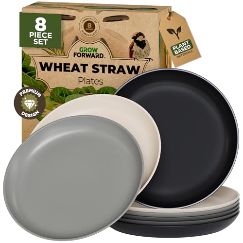 Grow Forward Premium Wheat Straw Plates - 8 Inch Reusable Hard Plastic Dinner Plates Set of 8 - Unbreakable Microwave Safe Plates for Dessert, Camping, RV, Outdoors, Patio, Kitchen Dishes - Moonlight - color: Moonlight, size: 8 inch