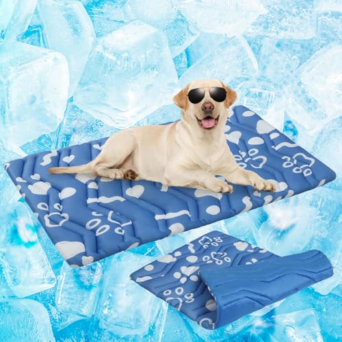 BEAUTYZOO Dog Cooling Mat- Upgraded Thicken Cooling Mat for Large Dogs Reversible(Cool & Warm) Pet Ice Cool Bed Washable & Portable, Summer Crate Pad for Big Dog Puppy Up to 100 lbs, Paw Blue 59X40IN - color: Navy Blue, size: 59.0"L x 40.0"W x 1.0"Th(XL)